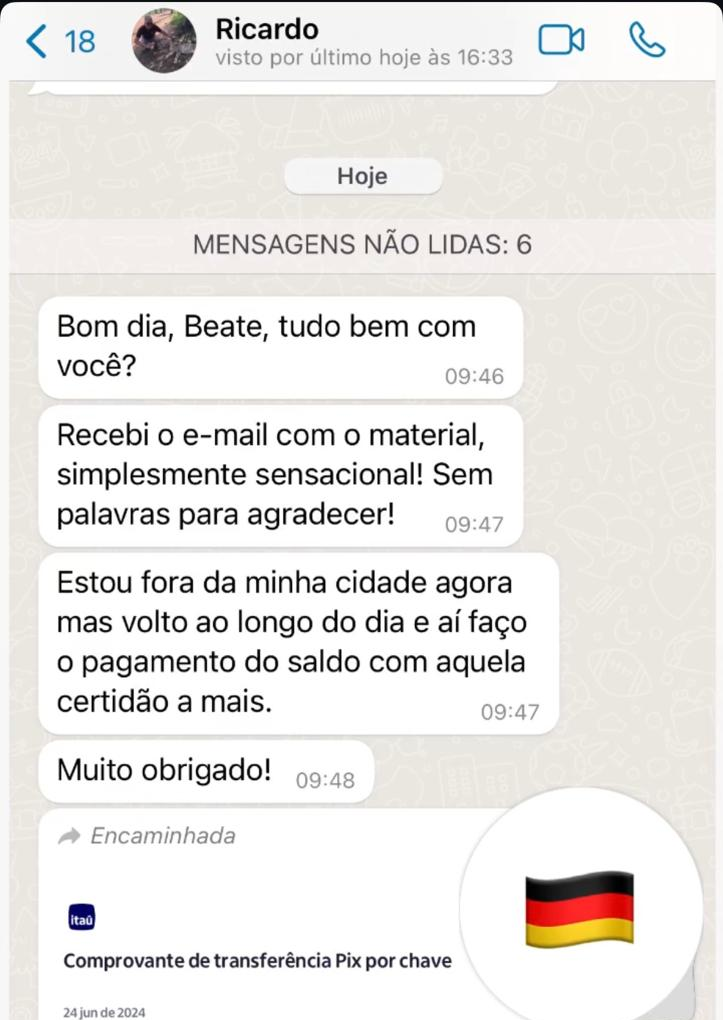 Mensagens de WhatsApp do cliente Ricardo agradecendo pelo material recebido: simplesmente sensacional