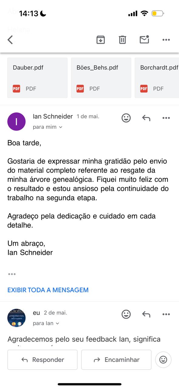 E-mail do cliente Ian Schneider agradecendo pelo material completo do resgate da árvore genealógica