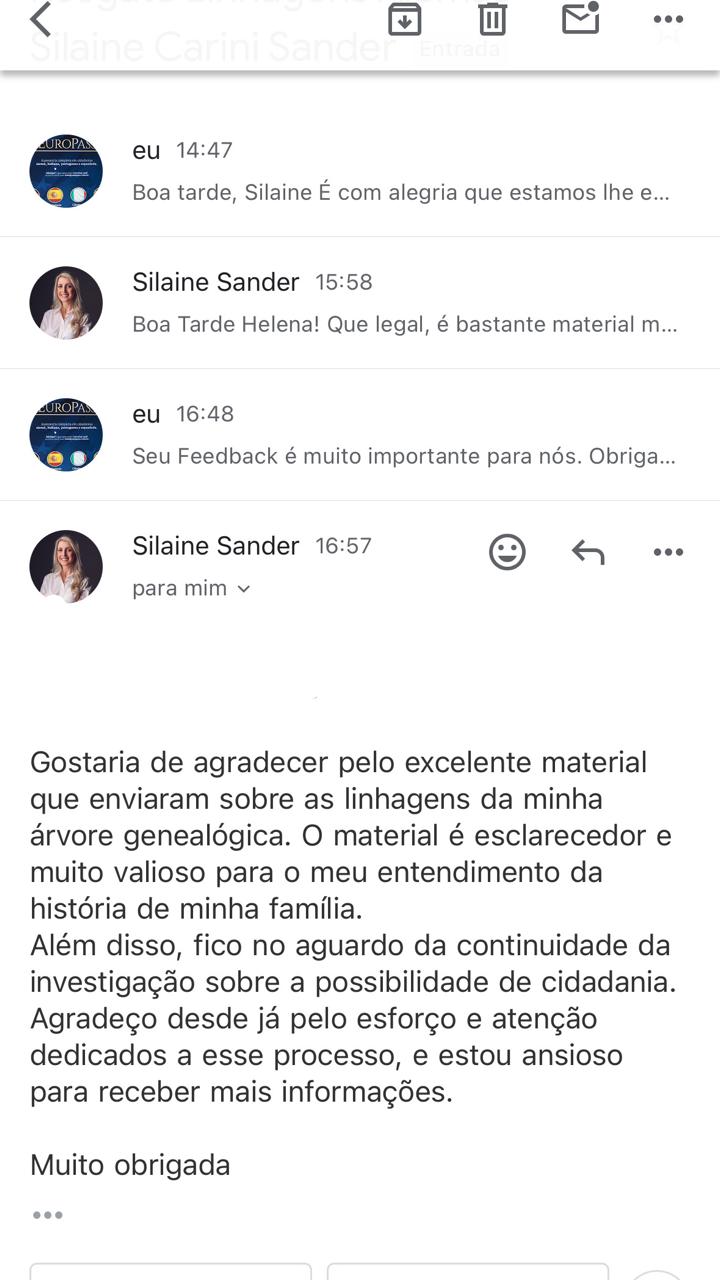 E-mail da cliente Silaine Sander agradecendo pelo excelente material sobre as linhagens da família