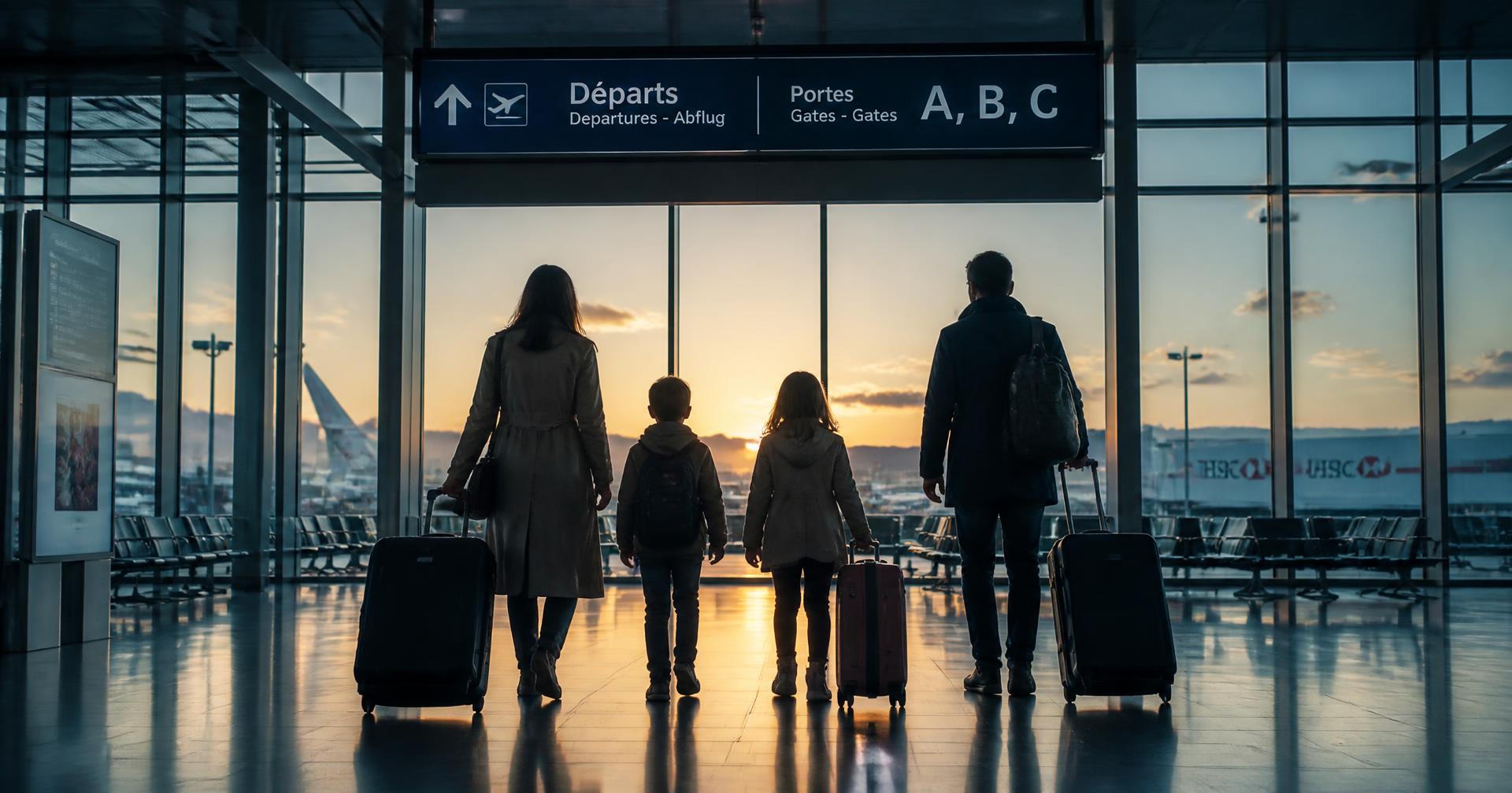 Família com malas observando o amanhecer em um saguão de embarque na Europa